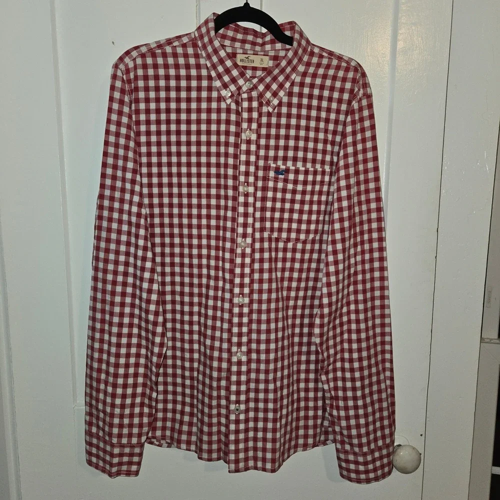Hollister Mens XL Red White Gingham Button Down Long Sleeve Shirt Seagull Logo - Picture 1 of 7